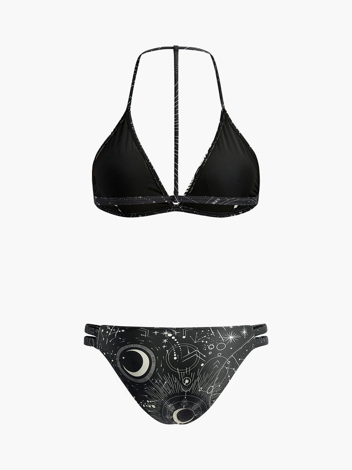Gökyüzü Temalı Halter Bikini Takımı Siyah Geometrik Desenli Detay Görünüm - SvelteChic