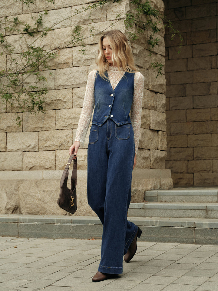 Denim Kolsuz Yelek Mavi V Yaka Regular Fit Görsel 4 - SvelteChic
