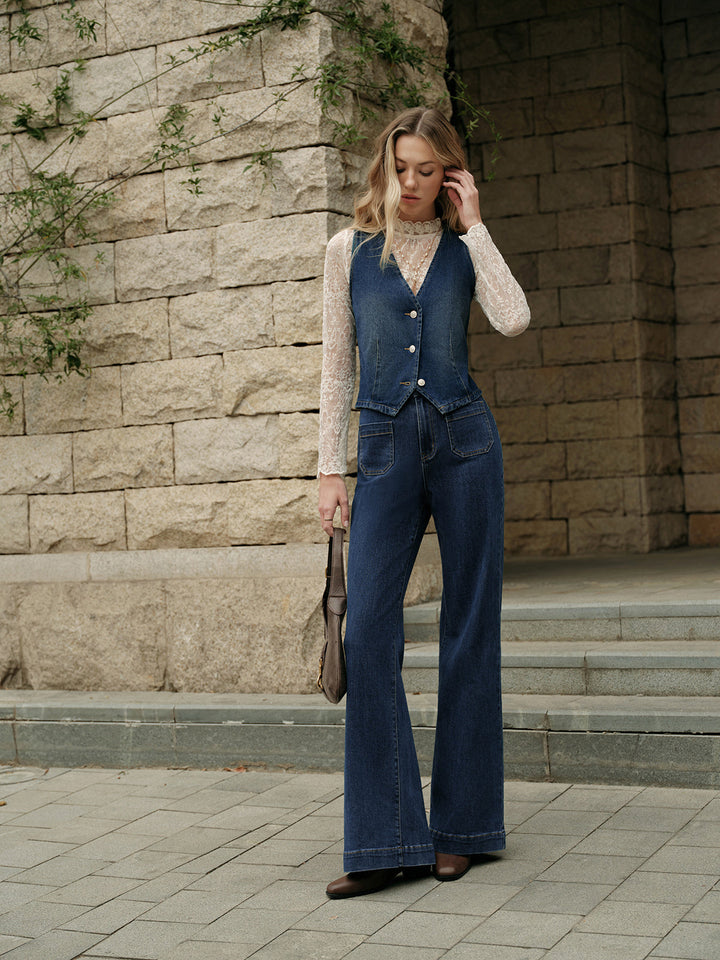 Denim Kolsuz Yelek Mavi V Yaka Regular Fit Kombin - SvelteChic