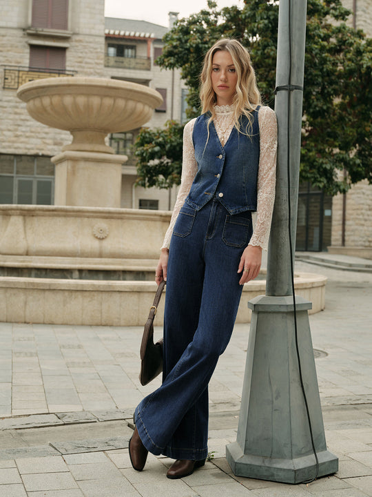 Denim Kolsuz Yelek Mavi V Yaka Regular Fit Detay Görünüm - SvelteChic