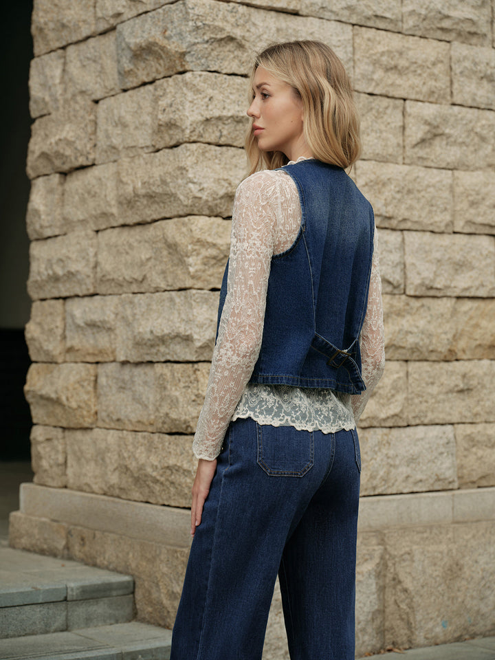 Denim Kolsuz Yelek Mavi V Yaka Regular Fit Görsel 5 - SvelteChic