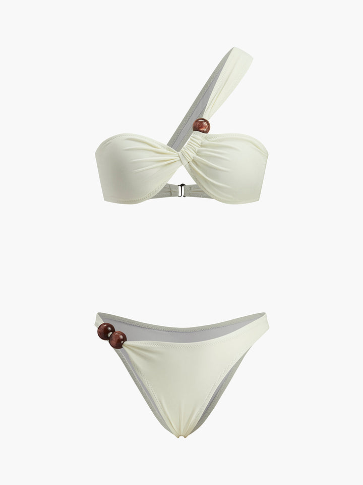 Tek Omuzlu Bikini Takımı Ahşap Boncuk Detaylı Bej Görsel 6 - SvelteChic
