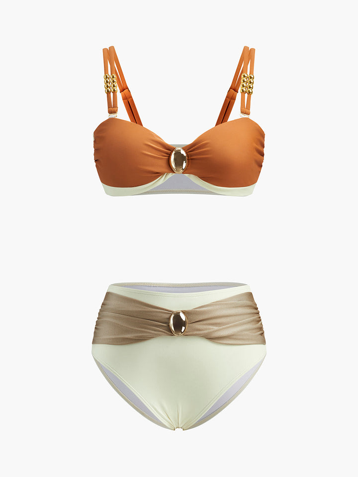 Renk Bloklu Bikini Seti Kemer Detaylı Haki Detay Görünüm - SvelteChic