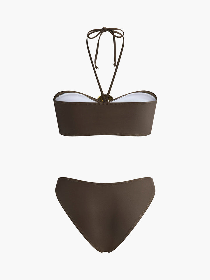 Metal Aksan Bikini Takımı Drapeli Etek Koyu Kahverengi Kombin - SvelteChic