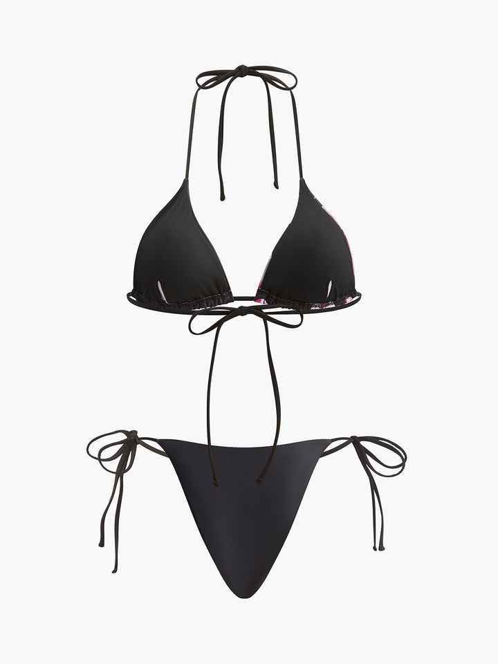 Çiçekli Bikini Takımı File Etek Siyah Pembe Kombin - SvelteChic