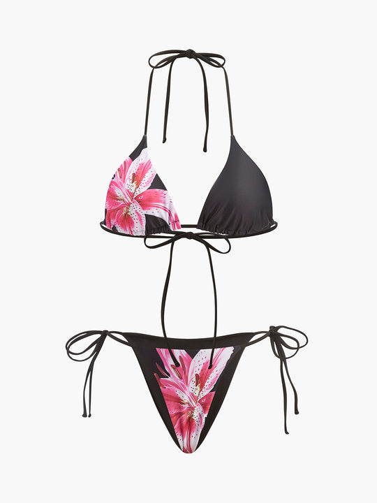 Çiçekli Bikini Takımı File Etek Siyah Pembe Detay Görünüm - SvelteChic