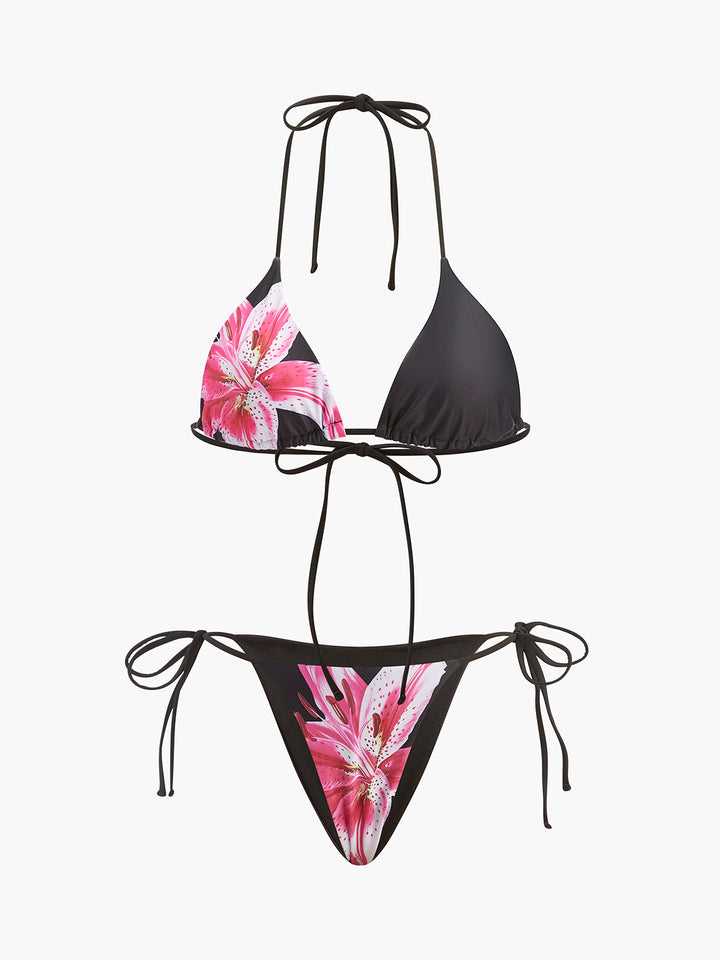 Çiçekli Bikini Takımı File Etek Siyah Pembe Detay Görünüm - SvelteChic