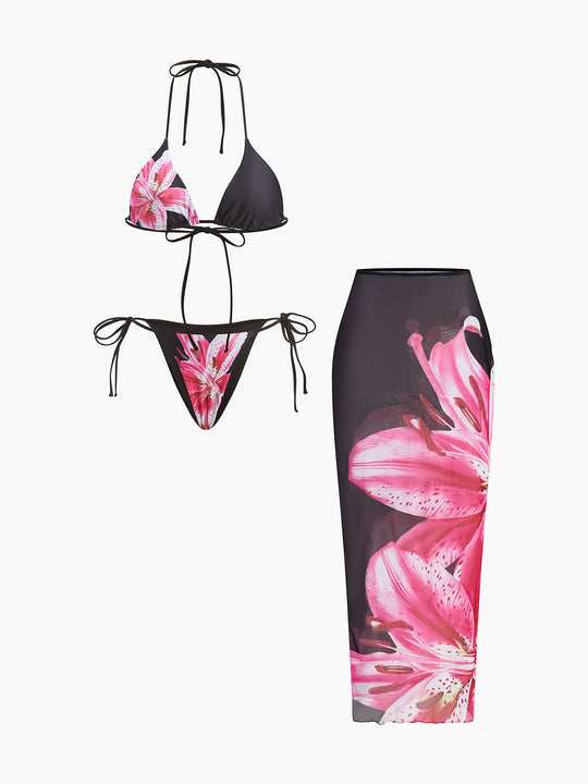Çiçekli Bikini Takımı File Etek Siyah Pembe - SvelteChic Kadın Giyim