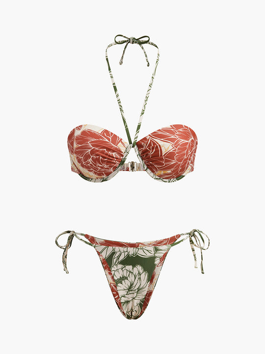 Çiçek Desenli Bikini Takımı Bağlamalı Etek Pembe Yeşil Detay Görünüm - SvelteChic