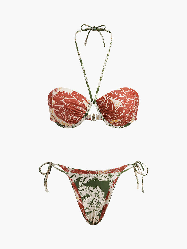 Çiçek Desenli Bikini Takımı Bağlamalı Etek Pembe Yeşil Detay Görünüm - SvelteChic
