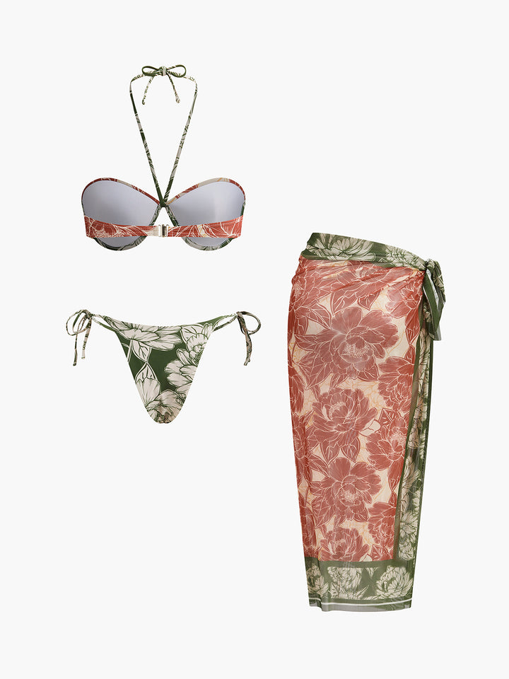 Çiçek Desenli Bikini Takımı Bağlamalı Etek Pembe Yeşil Kombin - SvelteChic