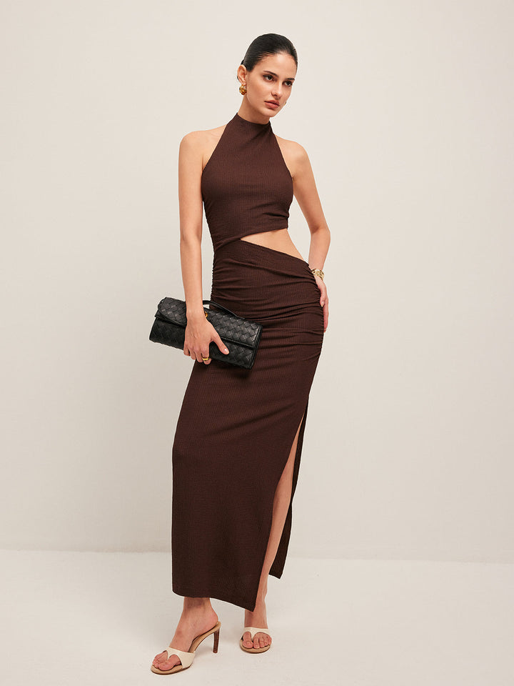 Asimetrik Kesim Maxi Abiye Elbise Kahverengi Kolsuz Kombin - SvelteChic