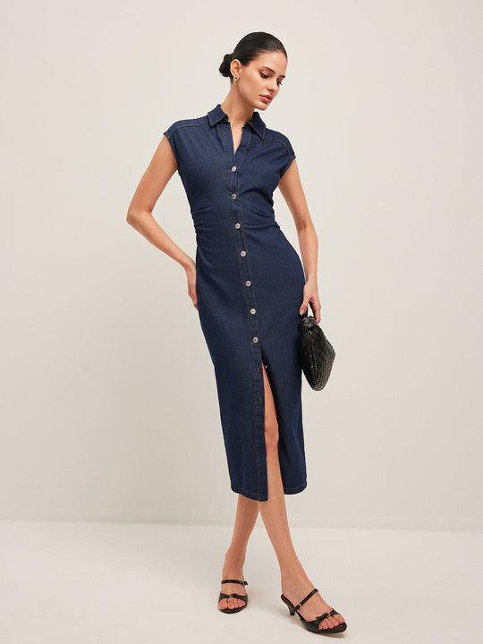 V Yaka Kolsuz Kot Elbise Buton Detaylı Lacivert Midi - SvelteChic Kadın Giyim