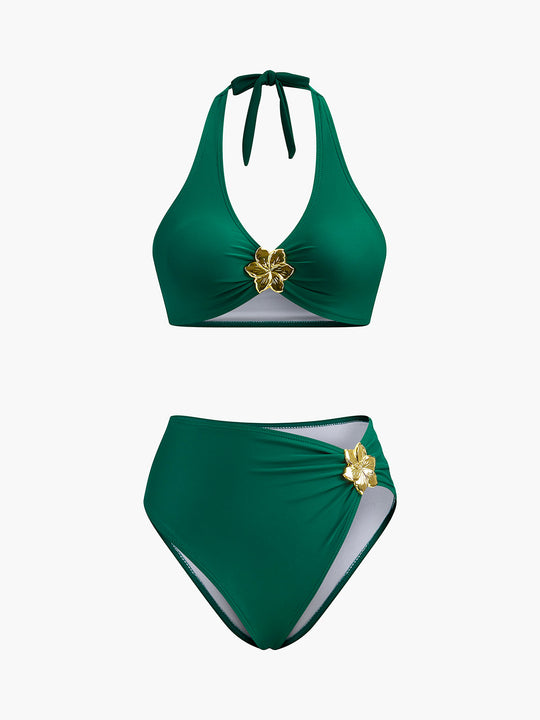 Metal Çiçek Detaylı Halter Bikini Takımı Yeşil - SvelteChic Kadın Giyim