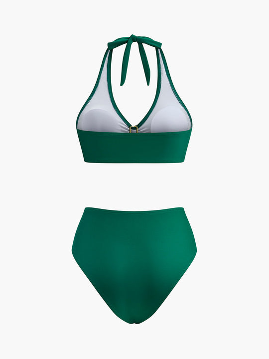 Metal Çiçek Detaylı Halter Bikini Takımı Yeşil Detay Görünüm - SvelteChic