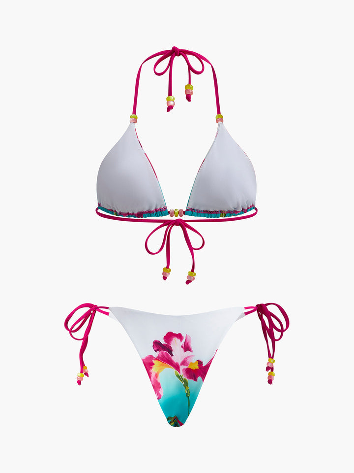 Çiçekli Boncuklu Bikini Takımı Çok Renkli Halter Detay Görünüm - SvelteChic