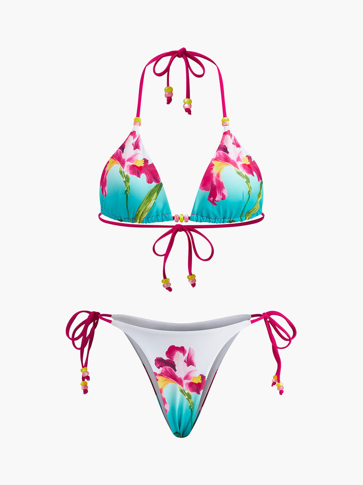 Çiçekli Boncuklu Bikini Takımı Çok Renkli Halter - SvelteChic Kadın Giyim