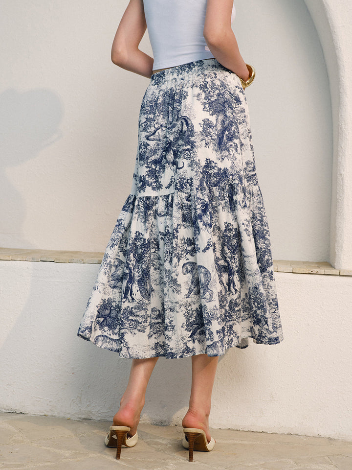 Çiçekli Volan Midi Etek Yüksek Bel Mavi Görsel 6 - SvelteChic
