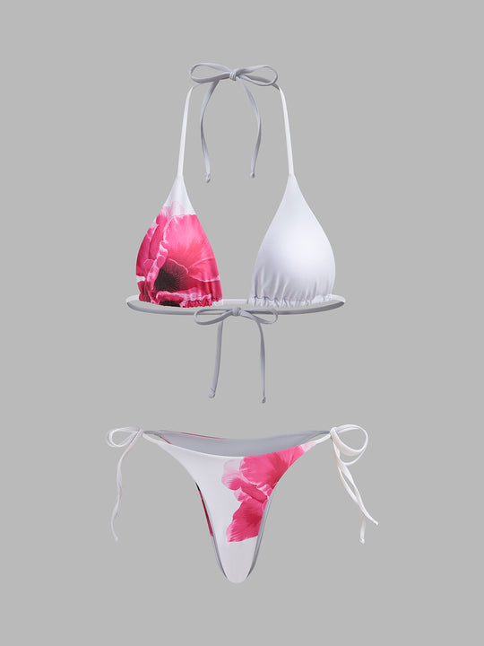 Çiçekli Bikini Seti Şeffaf Etek ile Beyaz Halter Detay Görünüm - SvelteChic
