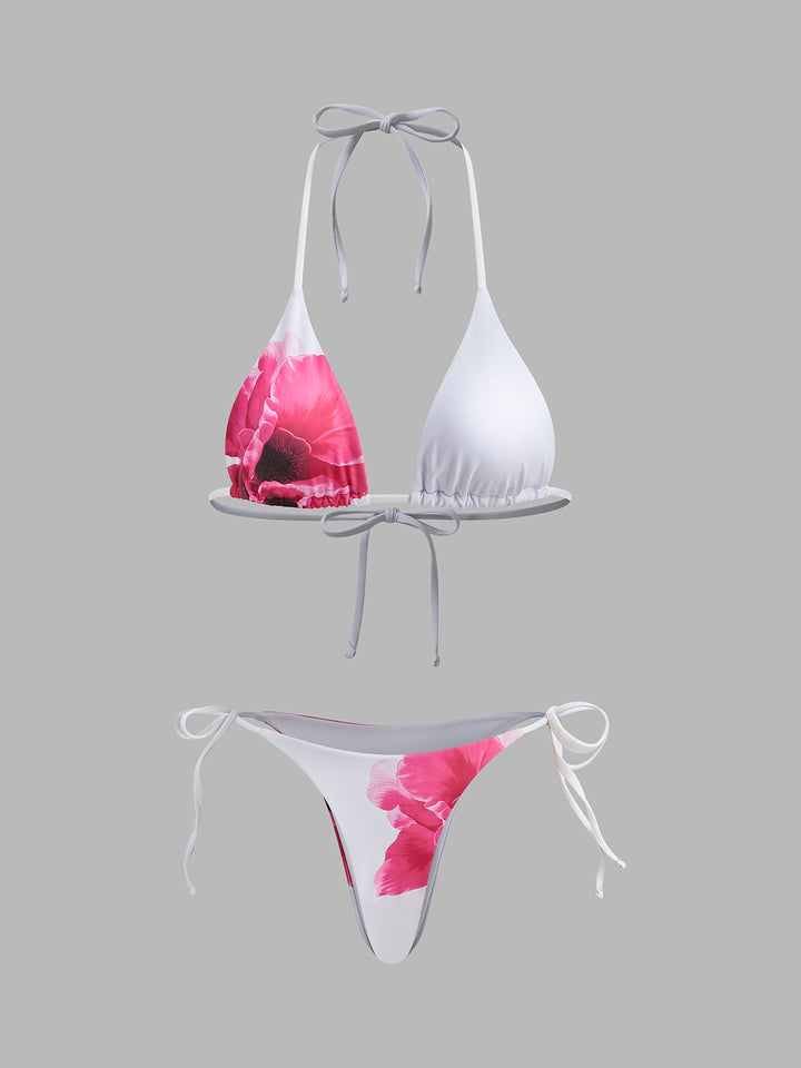 Çiçekli Bikini Seti Şeffaf Etek ile Beyaz Halter Detay Görünüm - SvelteChic