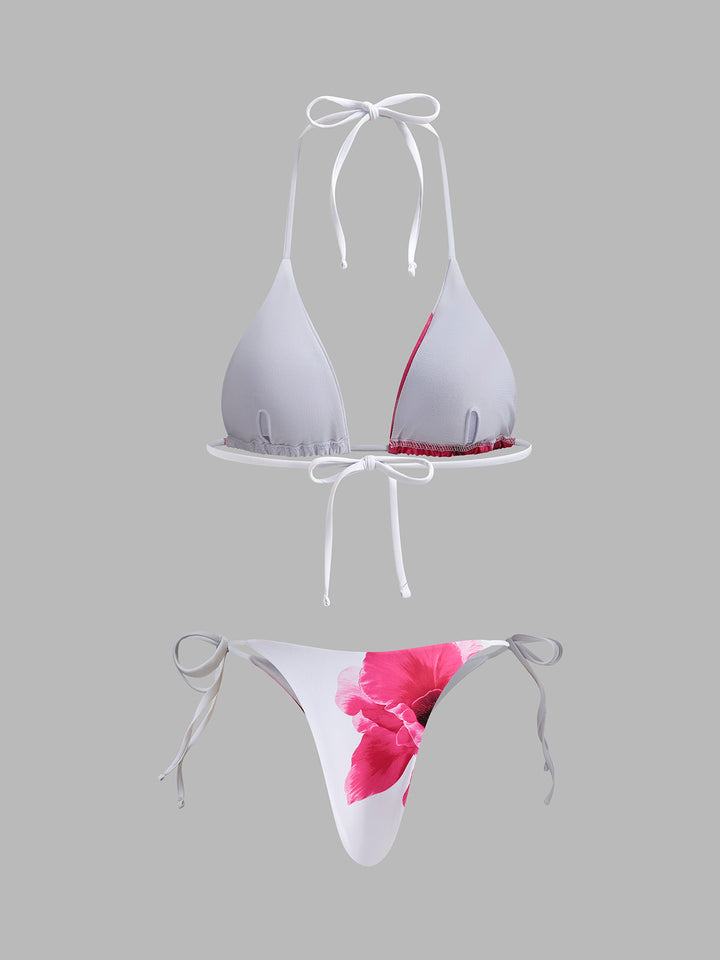 Çiçekli Bikini Seti Şeffaf Etek ile Beyaz Halter Kombin - SvelteChic