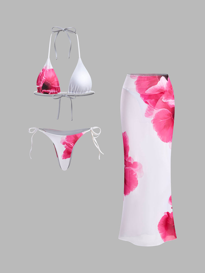 Çiçekli Bikini Seti Şeffaf Etek ile Beyaz Halter - SvelteChic Kadın Giyim
