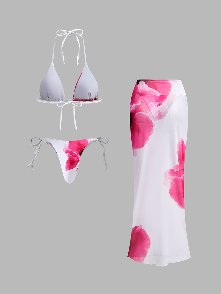 Çiçekli Bikini Seti Şeffaf Etek ile Beyaz Halter Görsel 4 - SvelteChic
