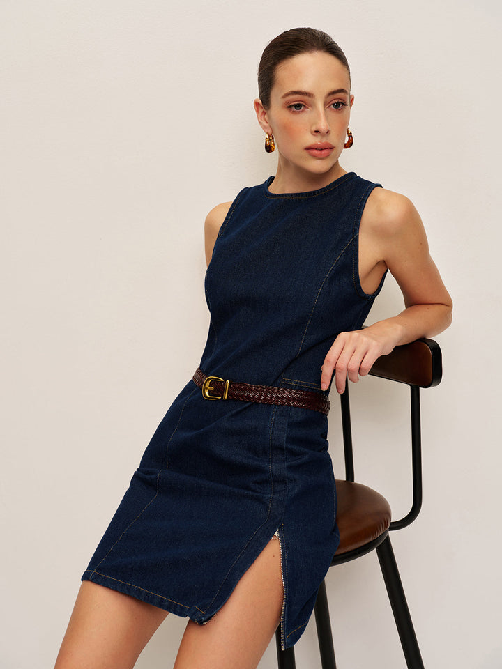 Kolsuz Denim Elbise Lacivert Yırtmaçlı Görsel 6 - SvelteChic
