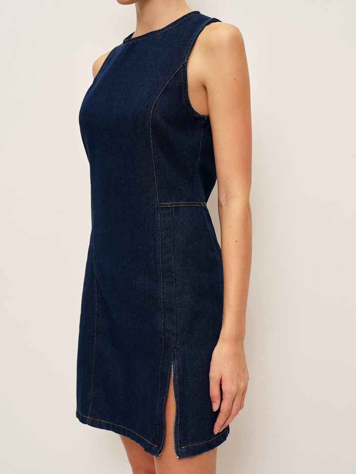 Kolsuz Denim Elbise Lacivert Yırtmaçlı Görsel 4 - SvelteChic