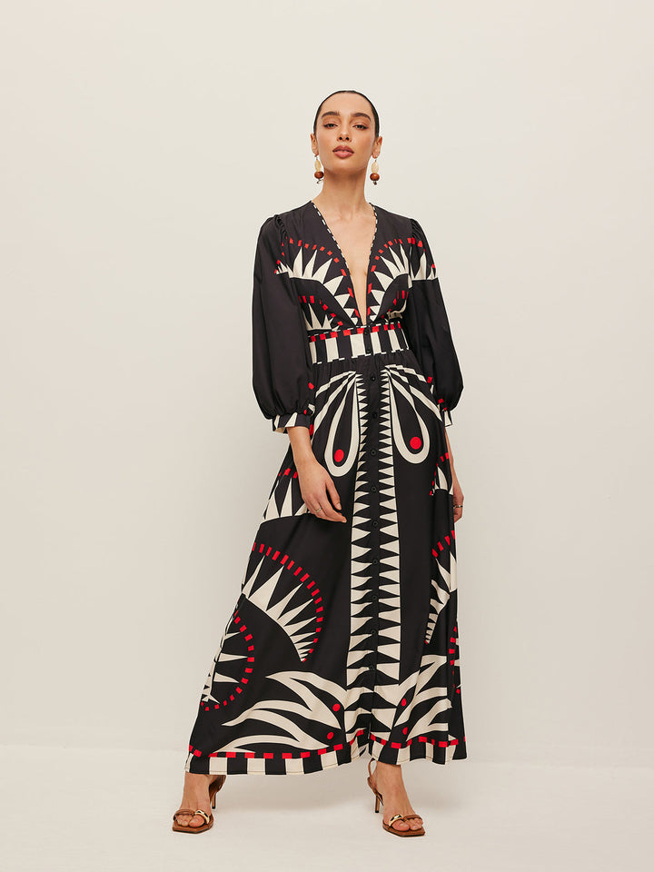 Boho V Yaka Yırtmaçlı Maxi Elbise Siyah Geometrik Desenli Görsel 4 - SvelteChic
