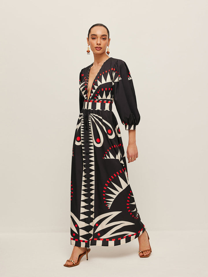 Boho V Yaka Yırtmaçlı Maxi Elbise Siyah Geometrik Desenli Kombin - SvelteChic