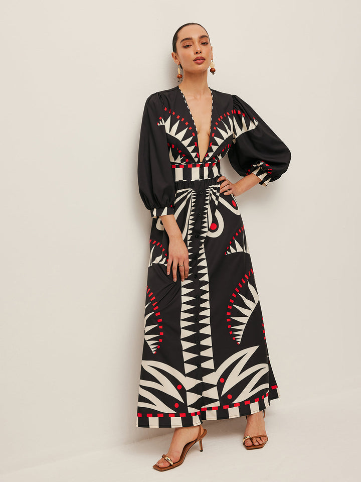 Boho V Yaka Yırtmaçlı Maxi Elbise Siyah Geometrik Desenli Görsel 6 - SvelteChic
