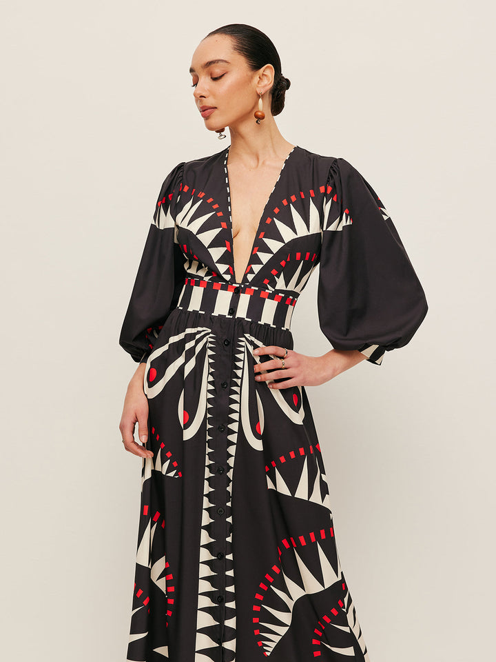 Boho V Yaka Yırtmaçlı Maxi Elbise Siyah Geometrik Desenli Görsel 5 - SvelteChic