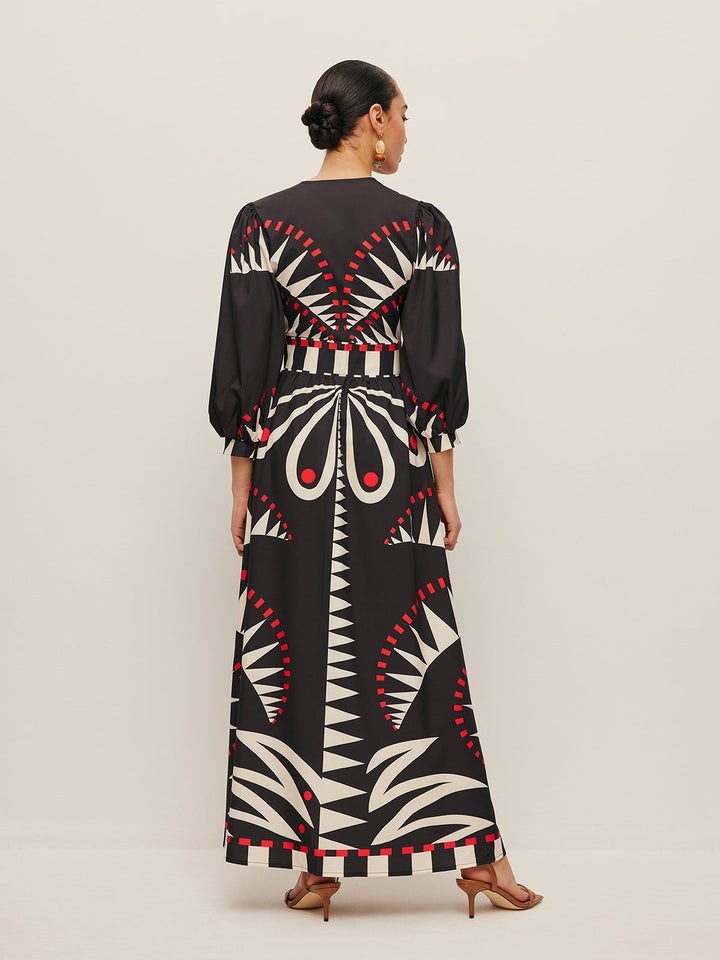 Boho V Yaka Yırtmaçlı Maxi Elbise Siyah Geometrik Desenli Görsel 7 - SvelteChic