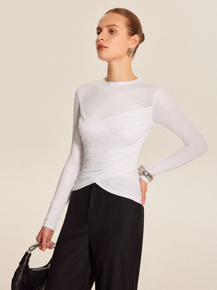 Çapraz Desenli Uzun Kollu Tişört Beyaz Slim Fit Kombin - SvelteChic