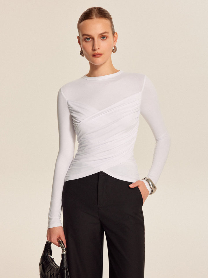 Çapraz Desenli Uzun Kollu Tişört Beyaz Slim Fit - SvelteChic Kadın Giyim