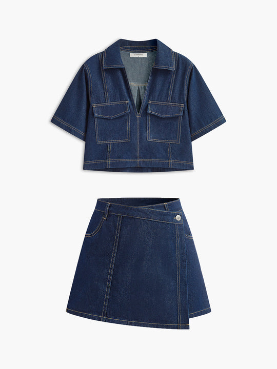 Şık Denim Kısa Takım Cep Detaylı Lacivert - SvelteChic Kadın Giyim