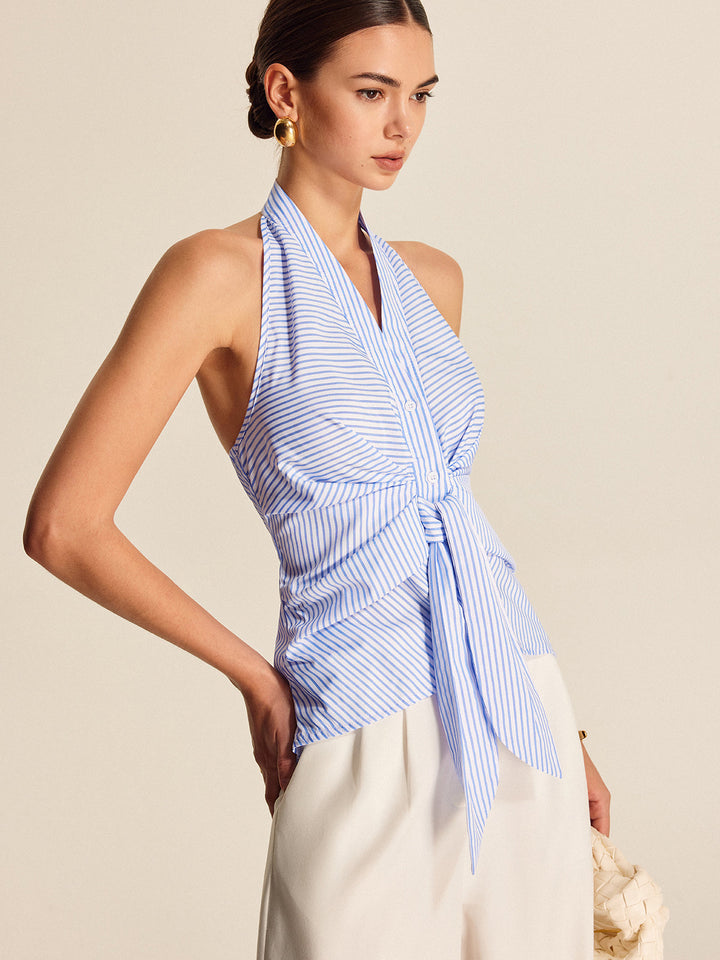 Çizgili Halter Yaka Kravat Bluzu Açık Mavi Kombin - SvelteChic
