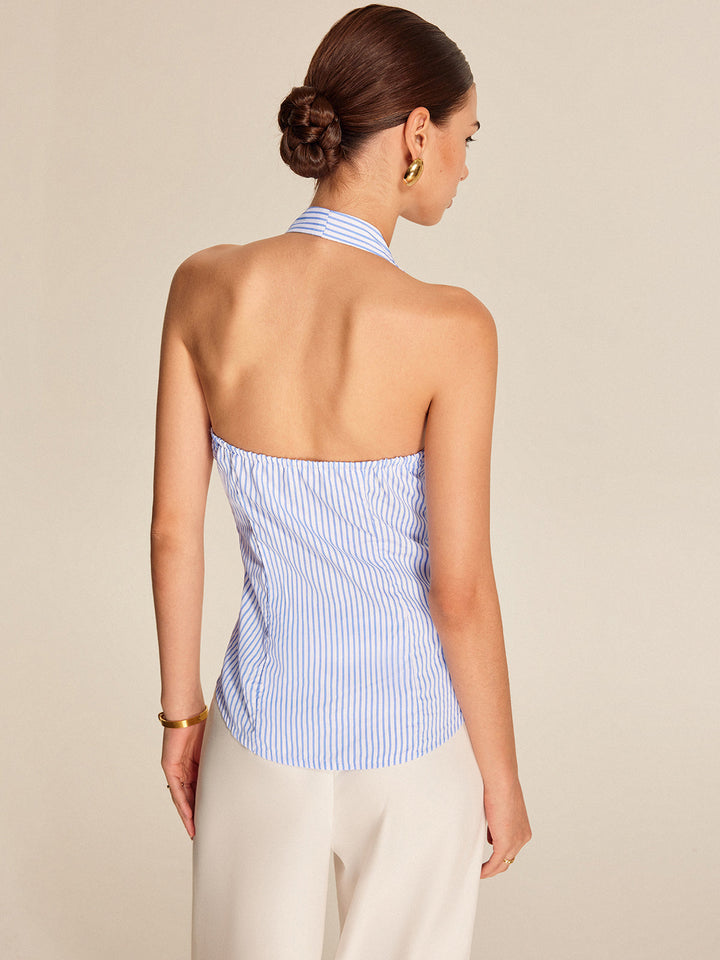 Çizgili Halter Yaka Kravat Bluzu Açık Mavi Görsel 6 - SvelteChic