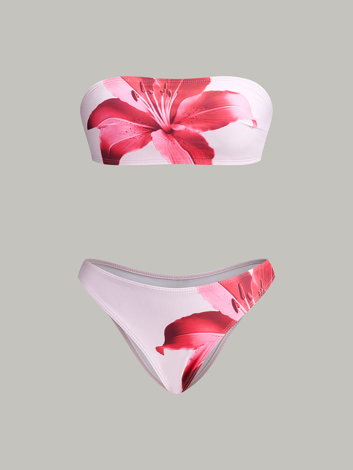 Çiçekli Bandeau Bikini Seti Kapama Eteği Pembe Detay Görünüm - SvelteChic