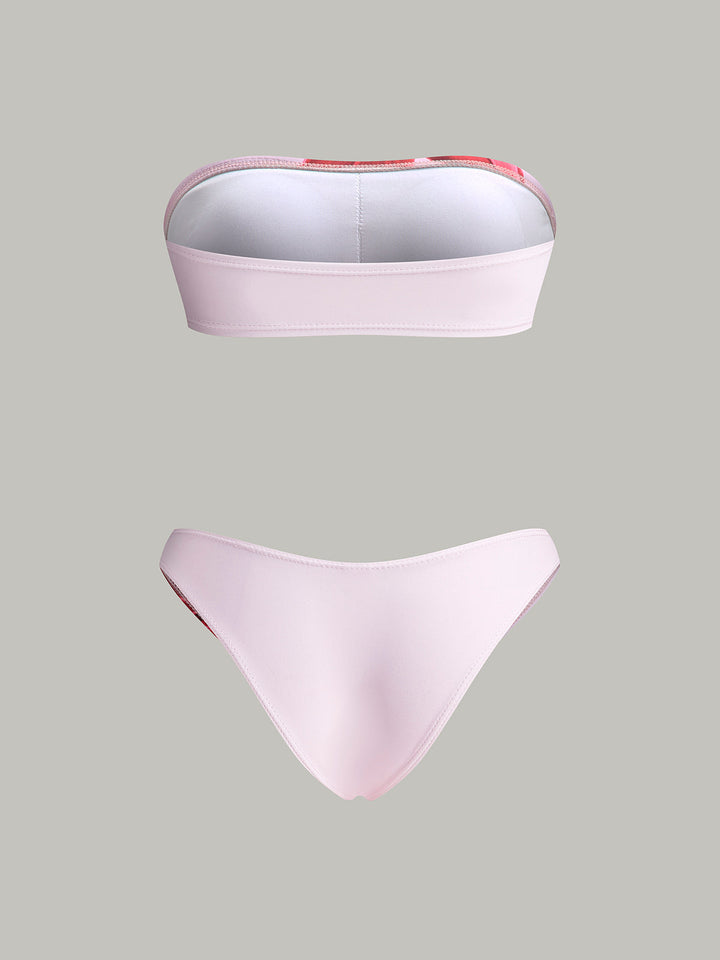 Çiçekli Bandeau Bikini Seti Kapama Eteği Pembe Kombin - SvelteChic
