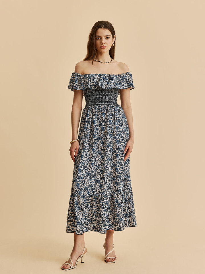 Boho Düşük Omuz Çiçekli Maxi Elbise Mavi Volanlı Kombin - SvelteChic