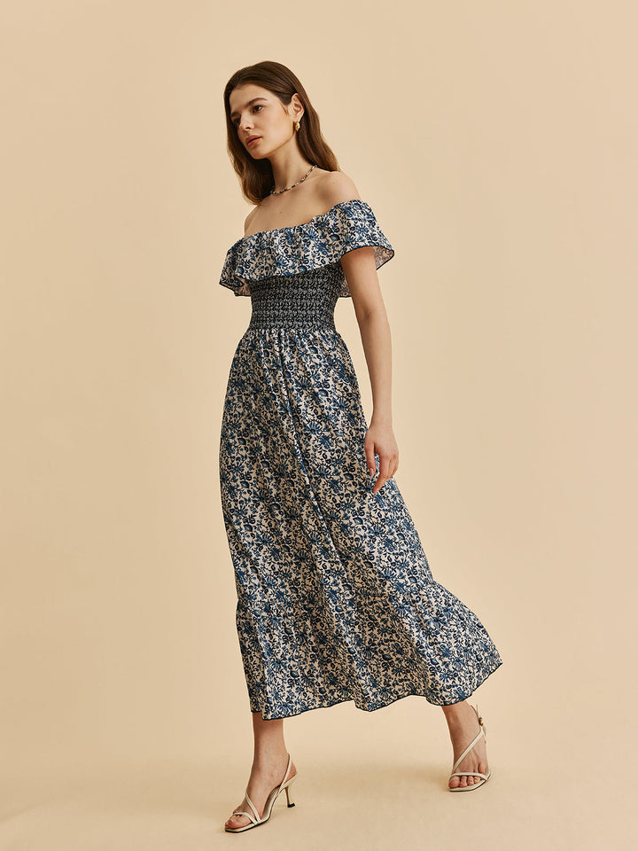 Boho Düşük Omuz Çiçekli Maxi Elbise Mavi Volanlı Görsel 4 - SvelteChic