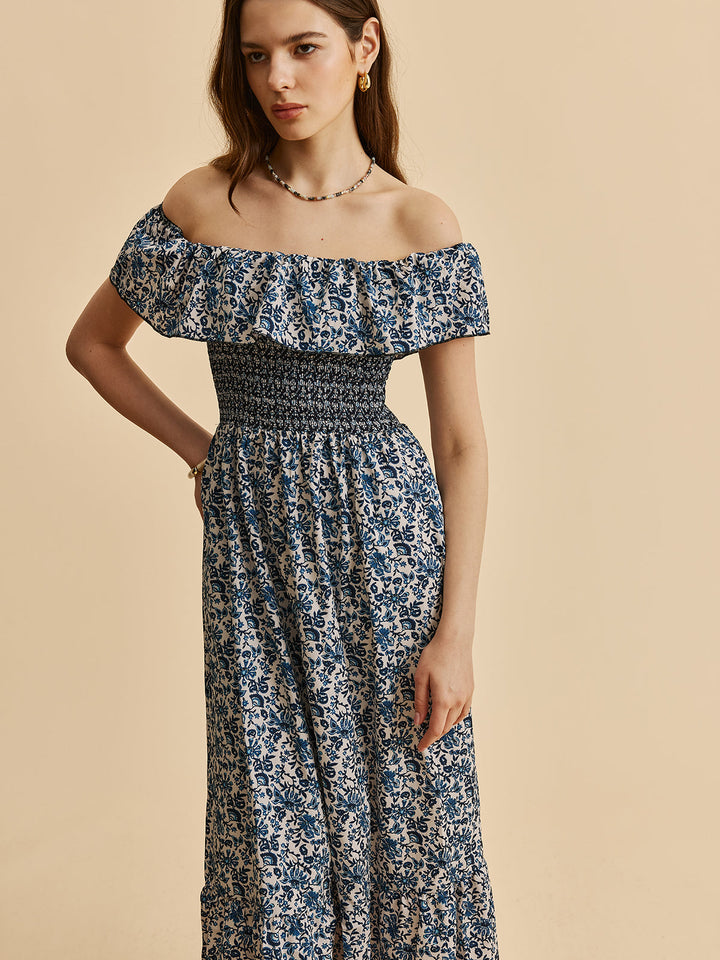 Boho Düşük Omuz Çiçekli Maxi Elbise Mavi Volanlı Görsel 6 - SvelteChic
