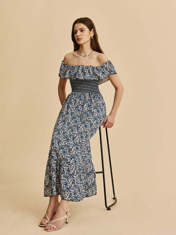Boho Düşük Omuz Çiçekli Maxi Elbise Mavi Volanlı Görsel 5 - SvelteChic