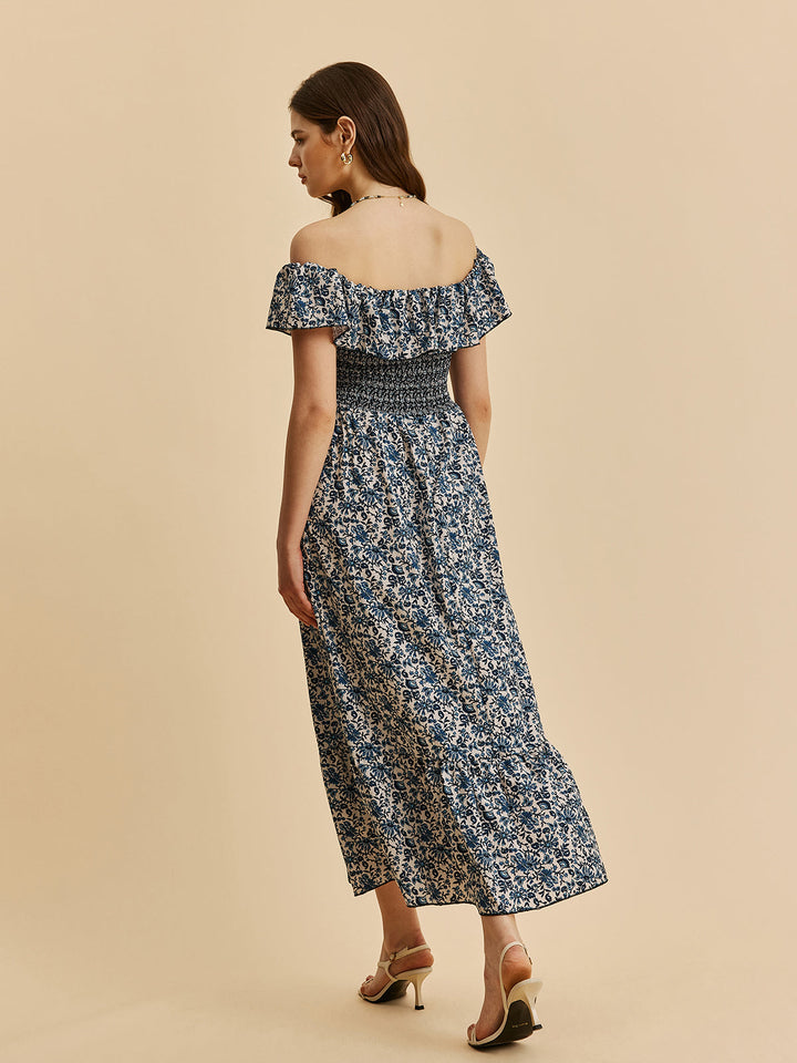 Boho Düşük Omuz Çiçekli Maxi Elbise Mavi Volanlı Görsel 8 - SvelteChic
