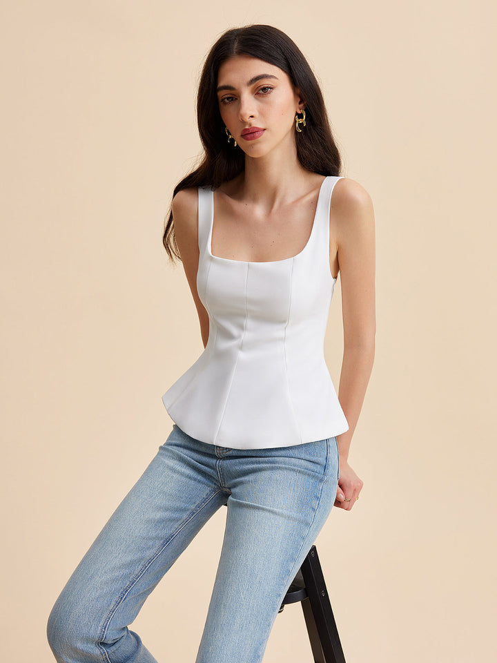 Kare Yaka Peplum Volanlı Bluz Beyaz Kolsuz Görsel 5 - SvelteChic