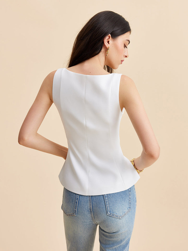 Kare Yaka Peplum Volanlı Bluz Beyaz Kolsuz Detay Görünüm - SvelteChic