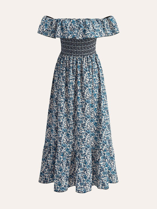Boho Düşük Omuz Çiçekli Maxi Elbise Mavi Volanlı - SvelteChic Kadın Giyim