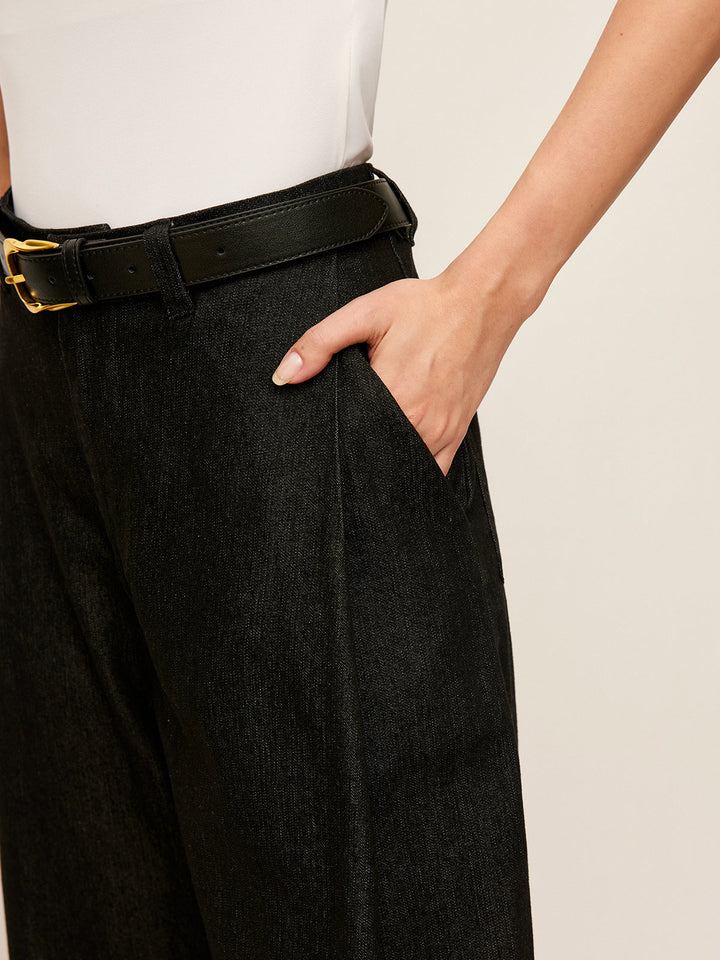 Orta Bel Denim Pantolon Siyah Regular Fit Cepli Detay Görünüm - SvelteChic